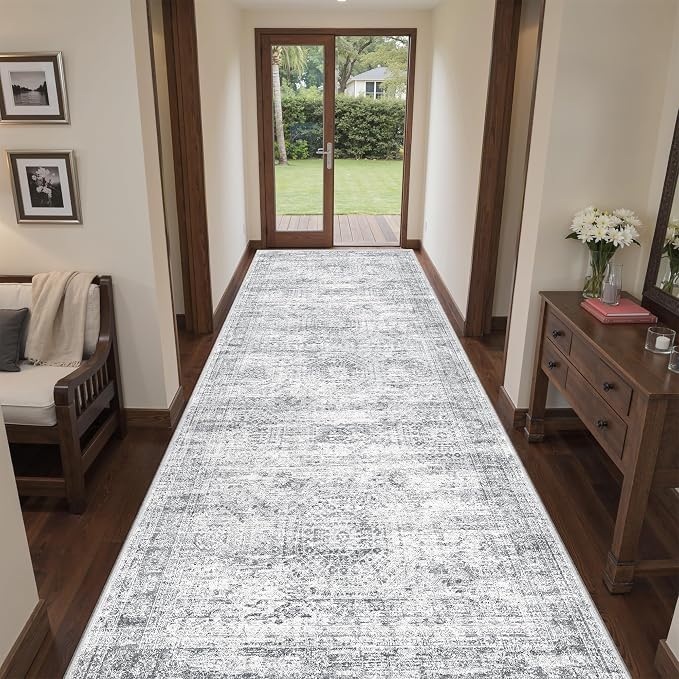 4x10 Runner Rug Non Slip,Washable Hallway Runner Rug,Grey | Area Rugs for Kitchen,Entryway,Bedroom,Bathroom,Nursery Room,Thin,Soft Runner Rug,Stain Resistant Indoor Carpet