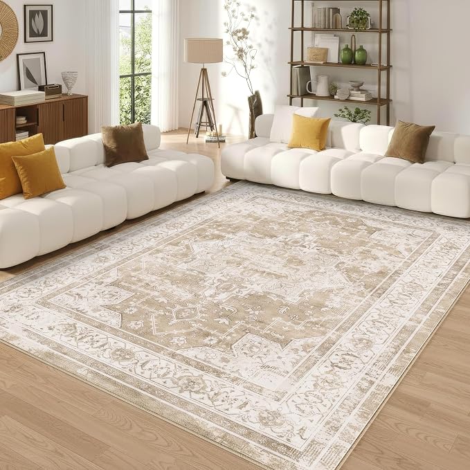 6x9 Area Rug for Living Room-Vintage Farmhouse Boho Floral Neutral Washable Stain Resistant Indoor Carpet for Bedroom Office and Home Decor(Beige&Brown)