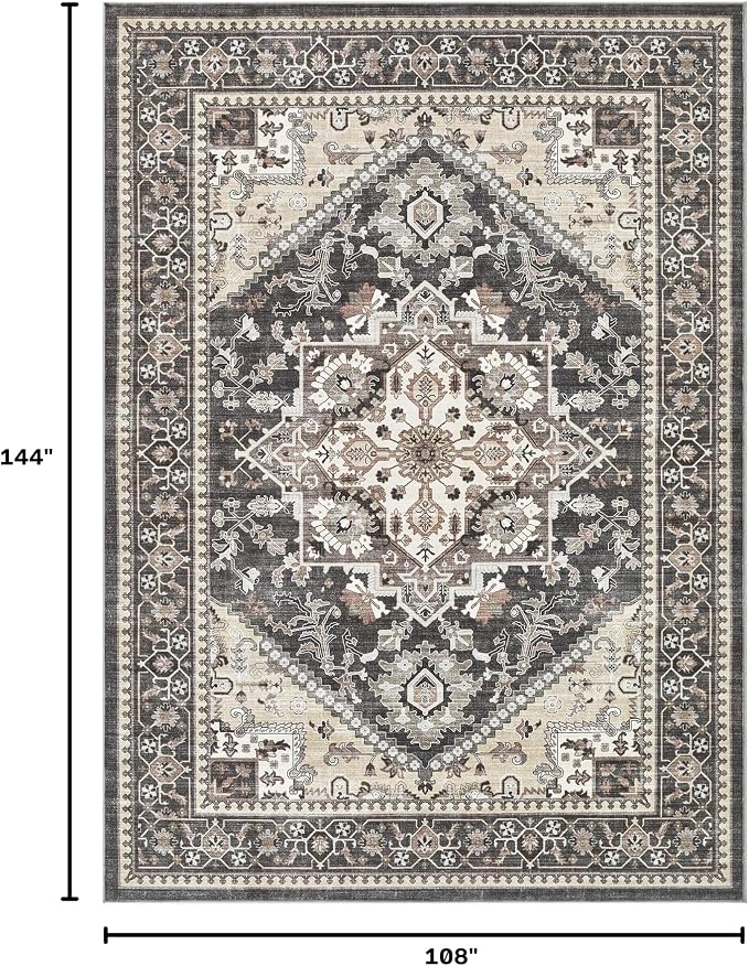 9x12 Vintage Area Rug: Washable Neutral Soft Non Slip Thin Large Floor Carpet for Living Room Bedroom Kitchen Dining Room Home Office Farmhouse Indoor - Black