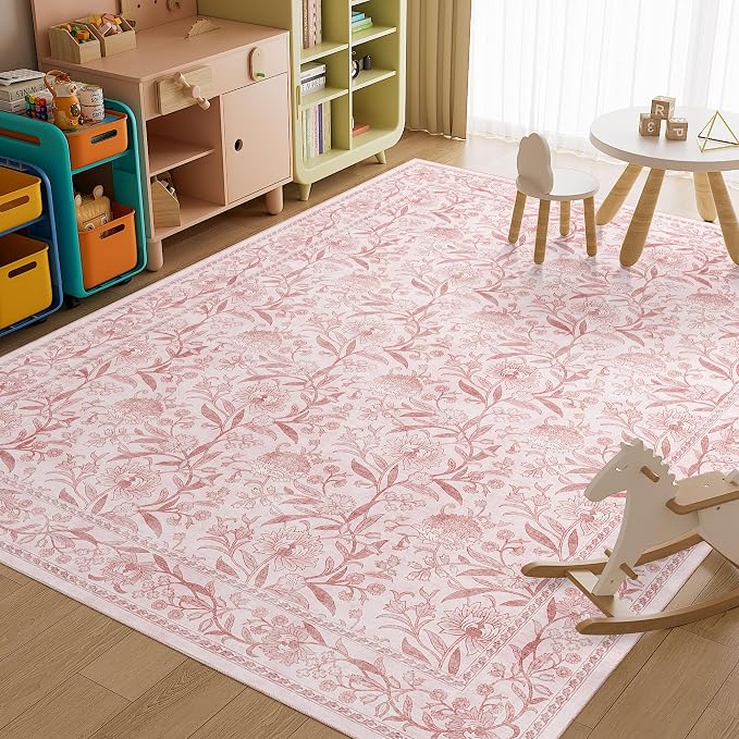 DUKINO 9x12 Area Rug for Living Room Vintage Floral Washable Rug Light Pink | Non Slip, Low Pile, Non-Shedding, Stain Resistant, Aesthetic Soft Indoor Large Carpet for Bedroom Dining Room Farmhouse