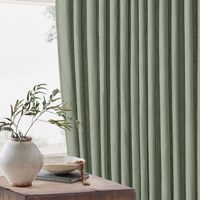 Sage Green Pinch Pleated Linen Semi Sheer Curtains 45 Inch Length 2 Panels | for Kitchen Small Bay Window Basement, Pinch Pleated with Hooks Rings Back Tab, Memory Shape, Thick Linen Semi Sheer, W40xL45