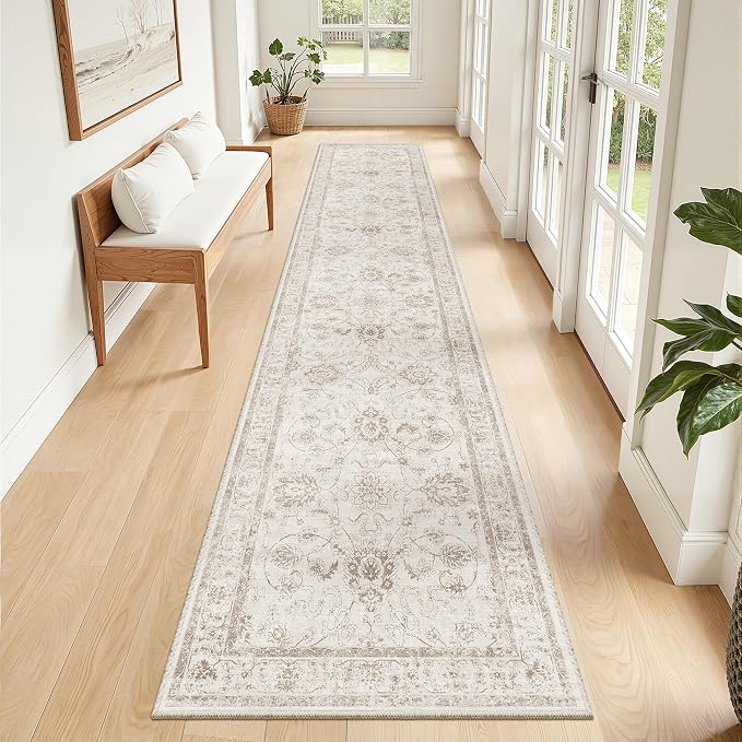 Madane Runner Rug 2x12 for Hallway, Kitchen Non-Slip Runner Rug with Rubber Backing, Vintage Soft Low Pile Throw Neutral Carpet Runner for Laundry Room Entryway Bathroom Bedroom (2 x 12, Brown/Ivory)