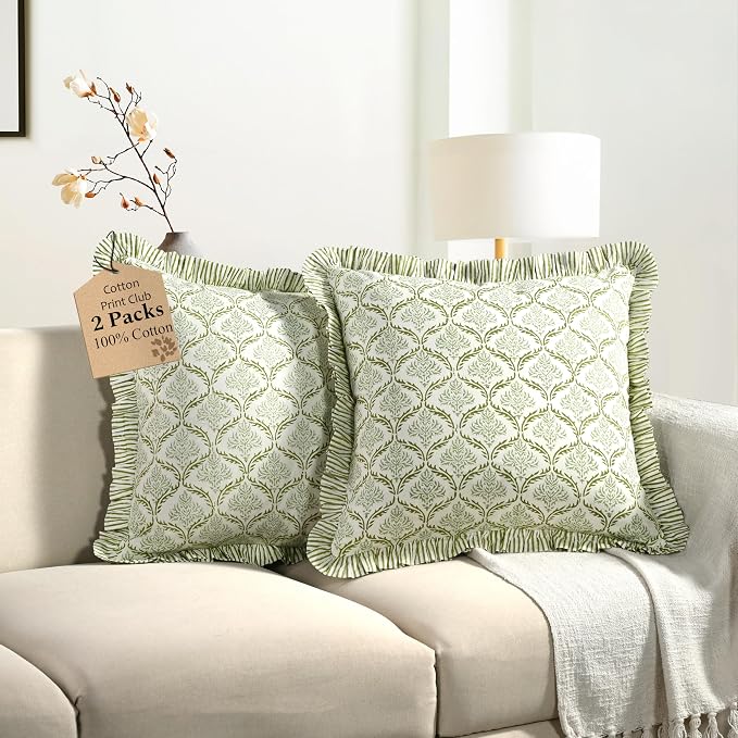 CPC Fern Regal Hand Block Print 100% Cotton Ruffle Throw Pillow Cover 24x24 inch with Hidden Zipper Decorative for Couch, Bed, Sofa, Farmhouse, Cottagecore Decor Gift Christmas Fall Thanksgiving