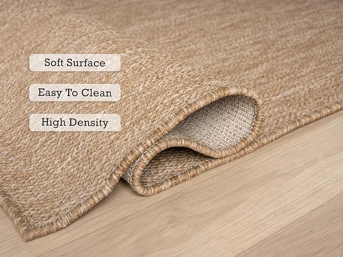 Angela Easy Jute Indoor Outdoor Rug, 6x9 Neutral Solid Jute Look, Polyester, Durable & Easy Care Outdoor Farmhouse Carpet for Patio, Porch, Living Room (6' x 9', Natural)