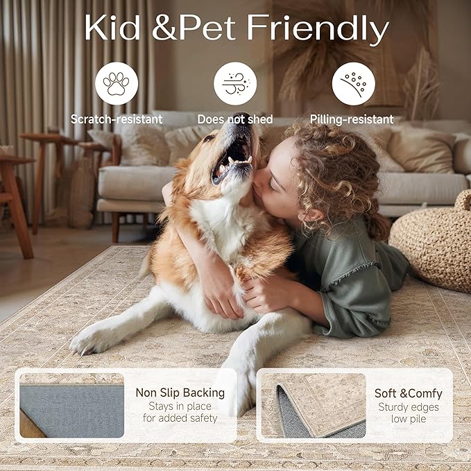 8x10 Beige Washable Area Rug Non Slip Vintage Carpet | Soft Low Pile, Lightweight Foldable, Pet Friendly, Living Room, Bedroom, Dining Room, Classroom, Playroom