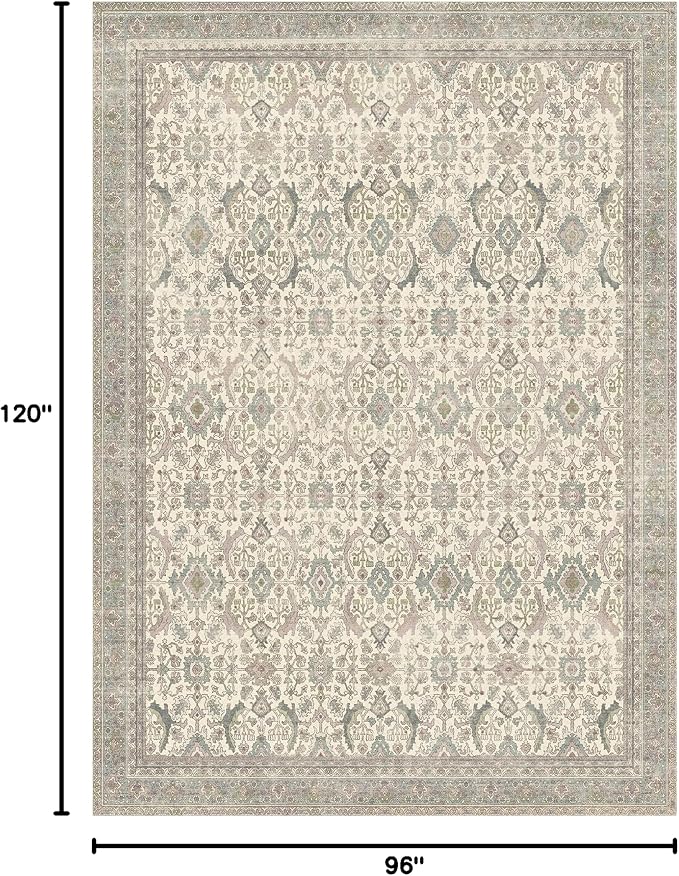 BESBLEE 8X10 Area Rugs Machine Washable Rugs for Living Room, Vintage Boho Large Rugs for Bedroom Dining Room, Non Slip Indoor Soft Distressed Lightweight Thin Low Pile Carpet, Cream
