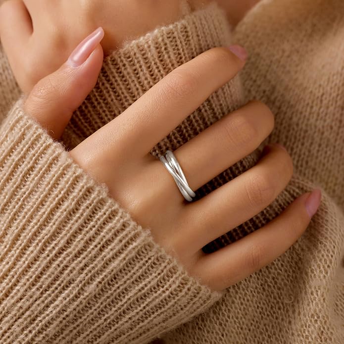 14K Gold Plated Interlocking Fidget Anxiety Ring 925 Sterling Silver Stackble Rings for Women Men Rolling Triple Spinner Ring Minimalist Trendy Knuckle Rings Jewelry Birthday Graduation Gifts