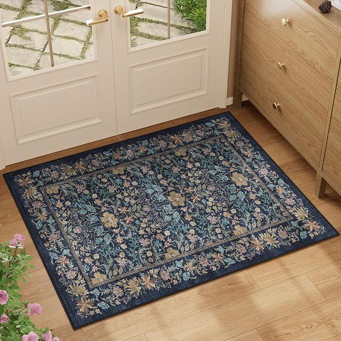 DUKINO 2x3 Entryway Rug, Washable Vintage Floral Area Rug, Dark Blue | Non Slip, Low Pile, Non-Shedding, Soft Indoor Door Mat, Small Front Door Throw Carpet for Bathroom Kitchen Entrance Bedroom
