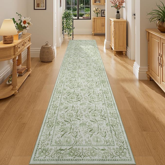 DUKINO 2x10 Runner Rug for Hallway, Washable Vintage Floral Rug, Sage Green | Non Slip, Low Pile, Non-Shedding, Stain Resistant Soft Long Runner Carpet for Kitchen Bathroom Entryway Bedroom Farmhouse