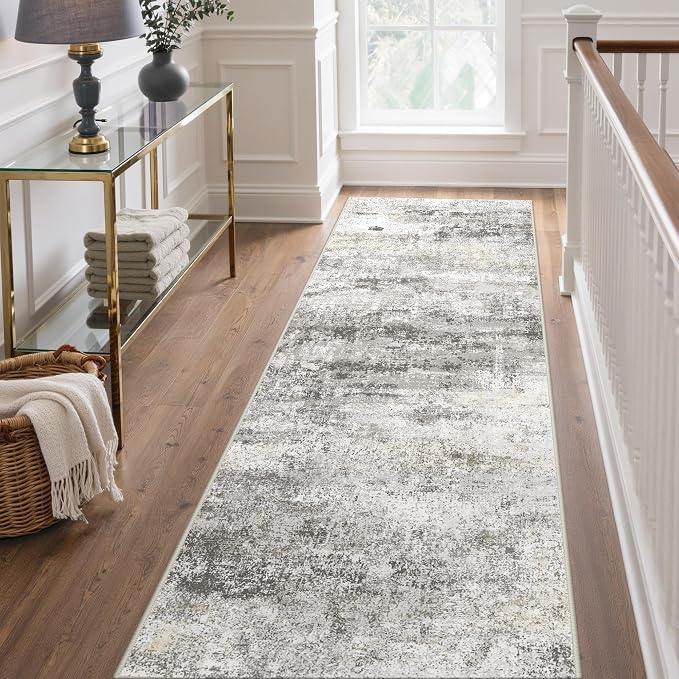 GENIMO Runner Rug Non Slip 2'6"x6', Washable Rug Runner for Hallways Kitchen, Abstract Modern Kitchen Rugs, Low Pile Lightweight Carpet Runners for Entryway, Bedroom, Laundry, Grey Beige