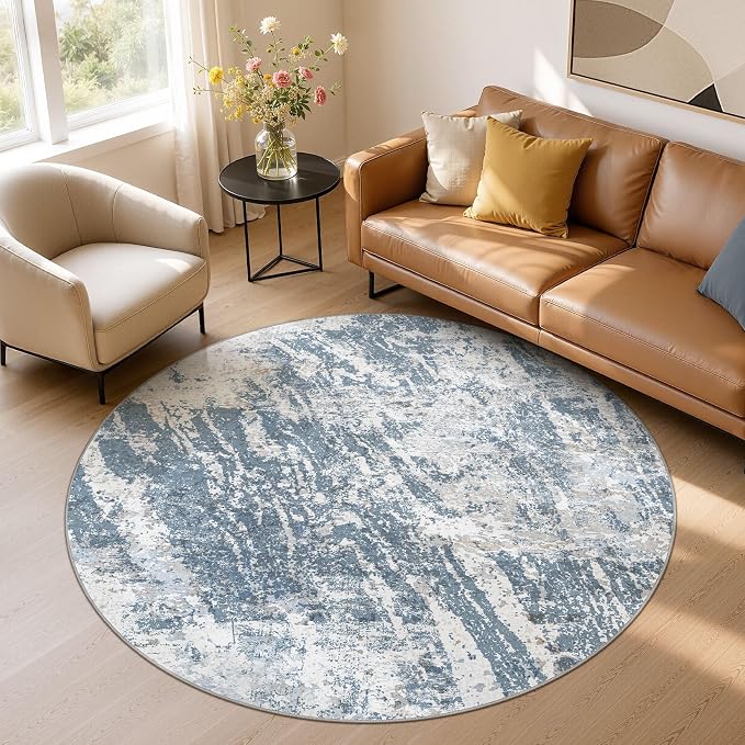 DMOYEST 6ft Round Washable Area Rug for Living Room: Modern Abstract Neutral Circle Carpet, 6x6 Soft Low Pile Non-Slip Floor Mat for Bedroom Under Dining Table, Kids & Pet - Blue
