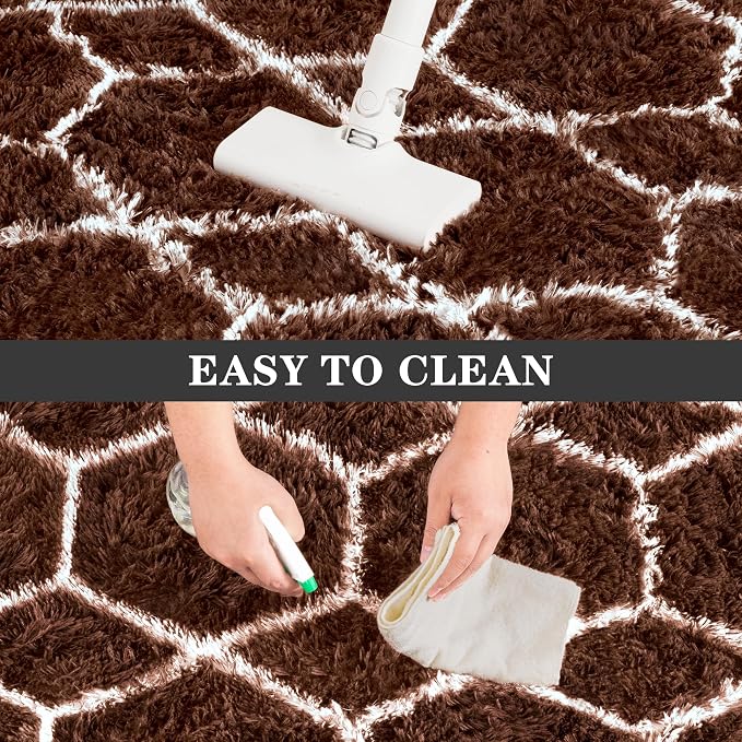 Fluffy Rug for Bedroom, Soft 6x9 Brown Shag Plush Geometric Area Rugs | Modern Brown and White Rug, Non Slip Carpet for Living Room, Aesthetic Home Decor, Fuzzy Floor Mat for Nursery Teen Dorm