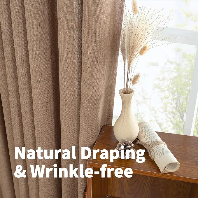 YoungsTex Mocha Brown Linen Curtains 78 Inch Length 2 Panels, Light Filtering Drapes with Grommet Semi Sheer Rustic for Bedroom Living Room Windows, Mocha Brown, 52 X 78 Inch