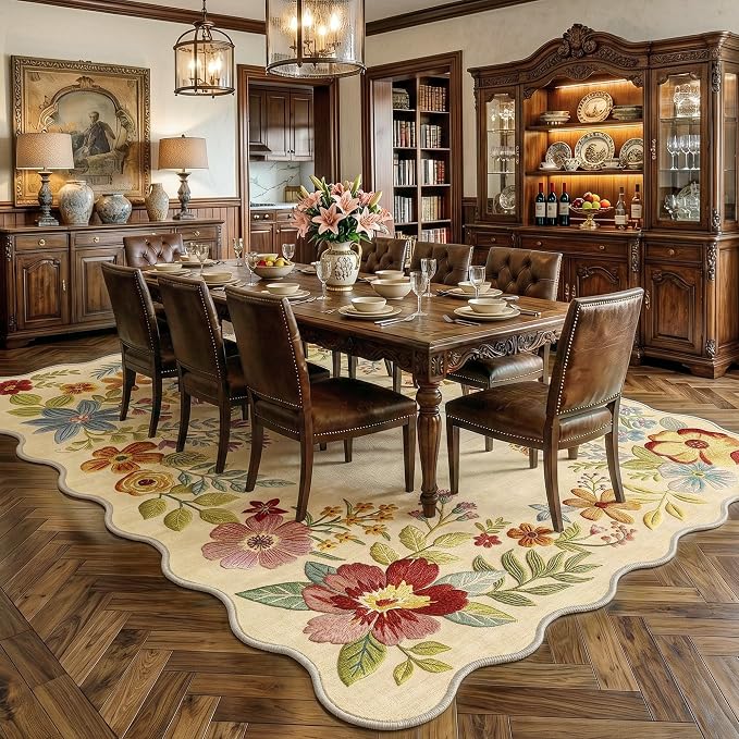 FMFUNCTEX 9x12 Washable Beige Floral Scalloped Area Rug for Living Room | Boho Vintage Flower Colorful Traditional Cream Soft Non Slip Low Pile Large Indoor Thin Carpet Bedroom Dining Room Nursery