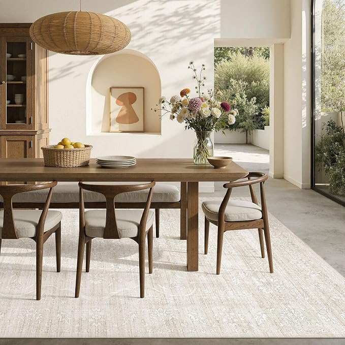 Nakagishi 6x9 Area Rugs Living Room: Washable Large Vintage Rug Neutral Non-Slip Soft Stain Resistant Indoor Carpet for Bedroom Nursery Dining Room Office Playroom - Beige White