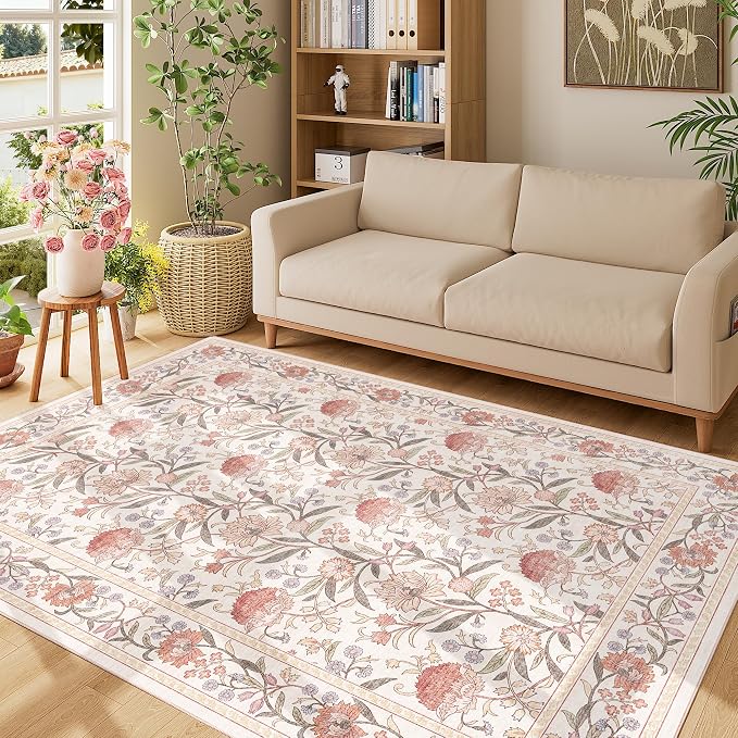 DUKINO 5x7 Area Rug, Vintage Floral Washable Rug for Living Room Beige Pink | Non Slip, Low Pile, Non-Shedding, Stain Resistant Lightweight Boho Soft Carpet for Bedroom Home Office Dining Room Farmhouse