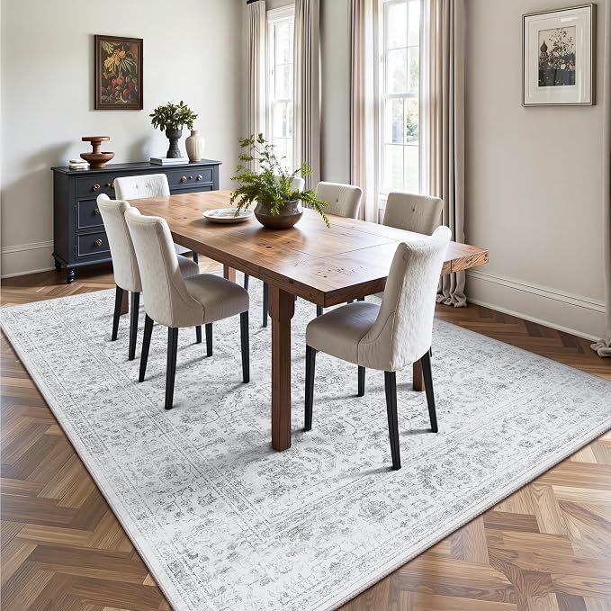 6x9 Area Rugs, Washable Vintage Retro Floral Rug for Living Room, Low Pile Non Slip Distressed Large Carpet for Bedroom, Dining Room, Office, Home (Grey)