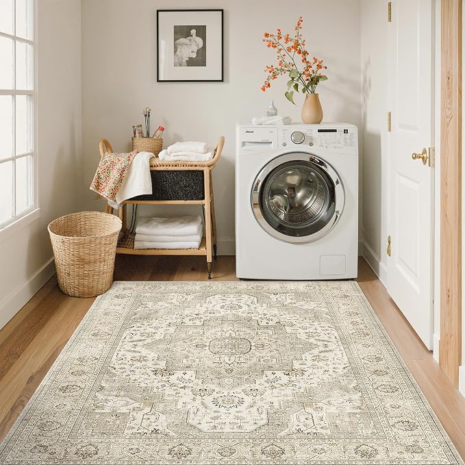 Roxstand Washable 3x5 Area Rug, Non Slip Rug for Entryway Ivory/Beige | Low Pile Vintage Rug, Stain Resistant, Non-Shedding Design, Pet & Kid Friendly, Carpet for Living Room, Bedroom, Dining Room