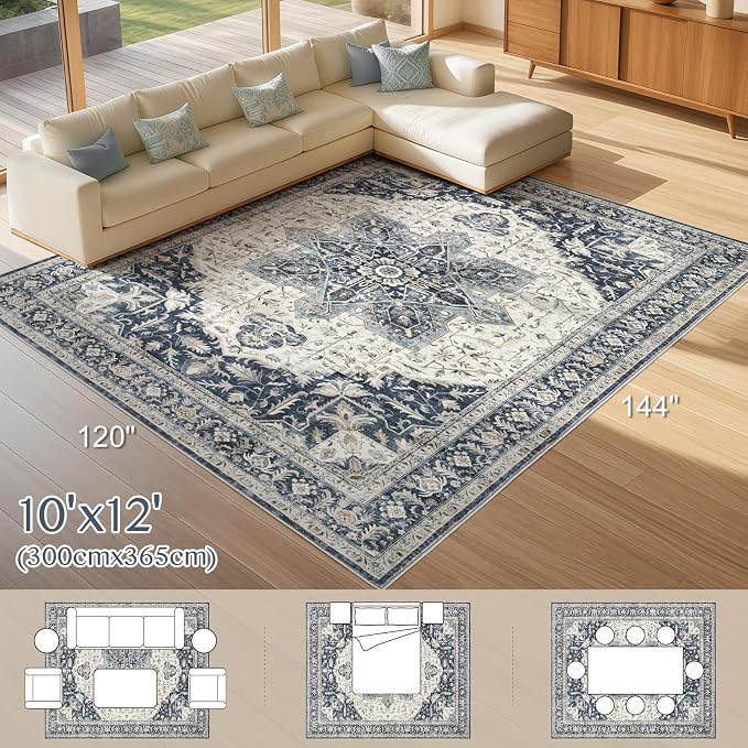 Tortania Area Rug Living Room Rugs - 10x12 Washable Boho Rug Vintage Oriental Distressed Farmhouse Large Thin Indoor Carpet for Living Room Bedroom Under Dining Table Home Office - Indigo