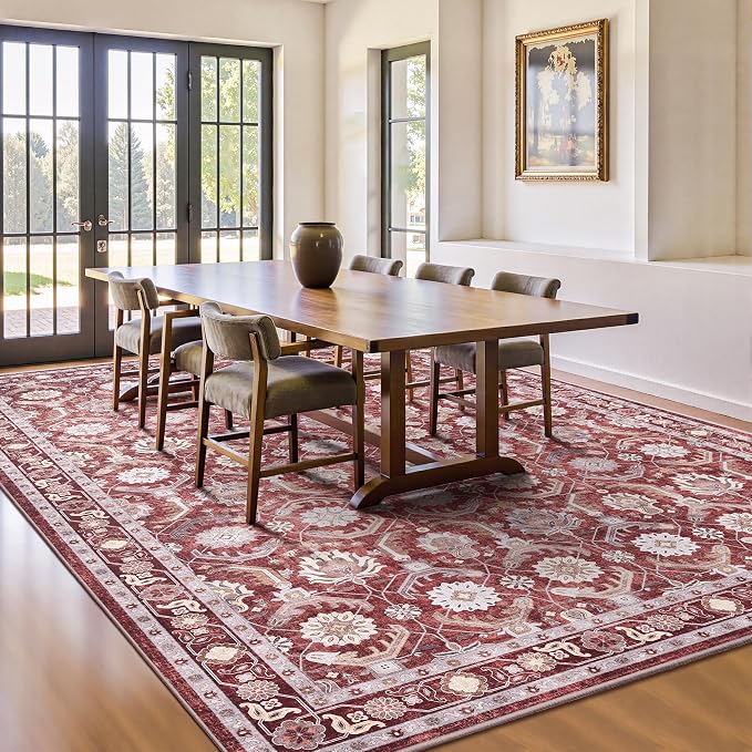 8x10 Area Rugs, Soft Non Slip Low Pile Washable Rug, Boho Modern Rug for Living Room, Bedroom, Dining Room, Red