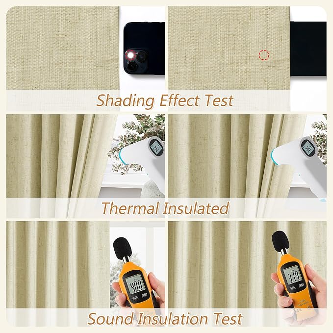 Guken 100% Blackout Linen Curtains for Bedroom 90 inches Long, Thermal Insulated Room Darkening Black Out Drapes for Living Room, Back Tab Rod Pocket 2 Panels Set,Cream Yellow,52x90