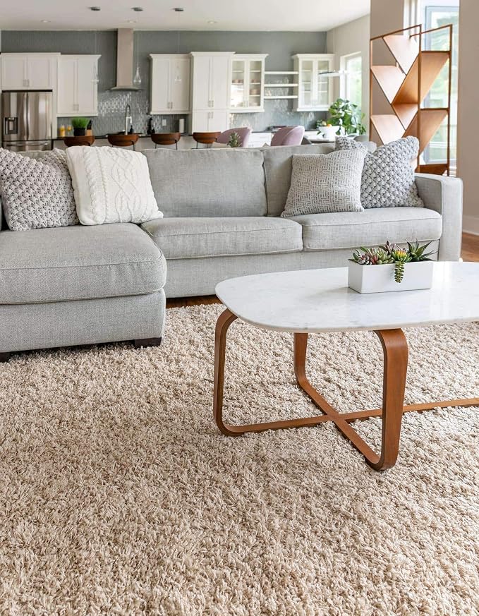 Unique Loom Solid Shag Collection Area Rug (6' 1" x 9' Rectangle, Taupe) | Modern solid area rug for living room, bedroom & dining room. Stain-resistant, easy-care, kid & pet friendly