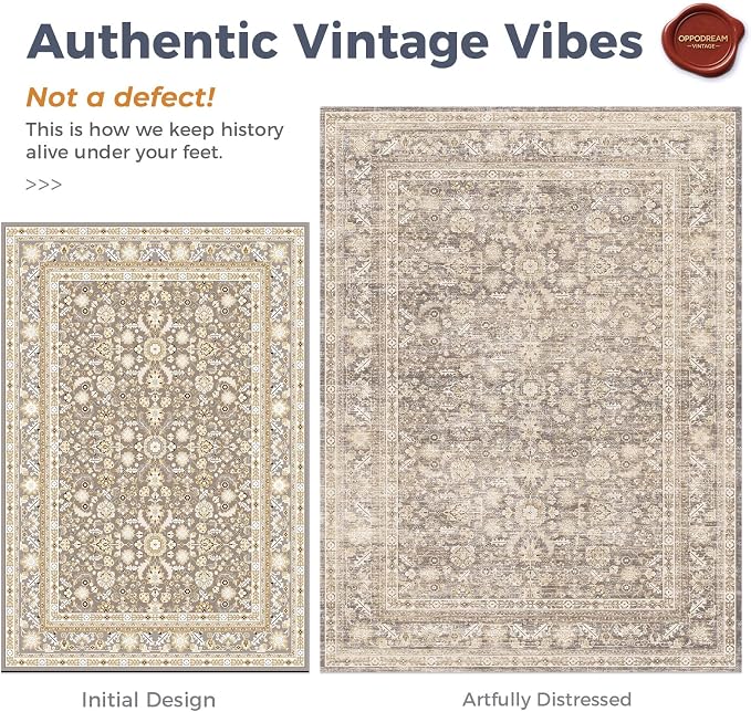 OPPODREAM Vintage Beige Area Rugs 8x10, 8 x 10 Retro Washable Rug Non Slip, Low-Pile Faux Wool Carpet, Distressed Tan Floor Mat for Living Room, Bedroom, Office, Dorm, Dinning Room, Big & Large