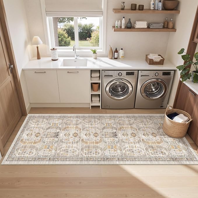 befbee 2.6'x8'Non Slip Runner Rugs - Runners for hallways, Kitchen,Entryway,Stain Resistant Washable Rugs for Bedroom, Indoor Vintage Area Rugs (Brown/Gold, 2.6'x8')