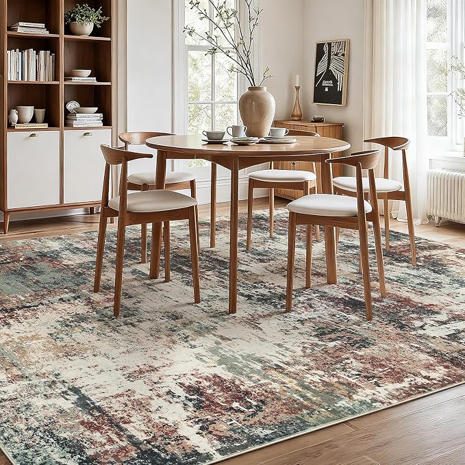 Rugflix 8x10 Area Rugs for Living Room, Washable Large Rug Stain-Resistant Low Pile, Modern Carpet for Dining Room Home Office Kid Room Nursery Bedroom, Rust Brown Green