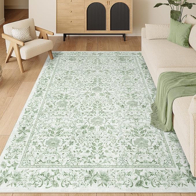 DUKINO 5x7 Area Rug Vintage Floral Washable Rug for Living Room Sage Green | Non Slip, Low Pile, Soft, Lightweight, Boho Indoor Carpet for Bedroom, Office, Dining Room, Dorm Room, Farmhouse, Home Decor