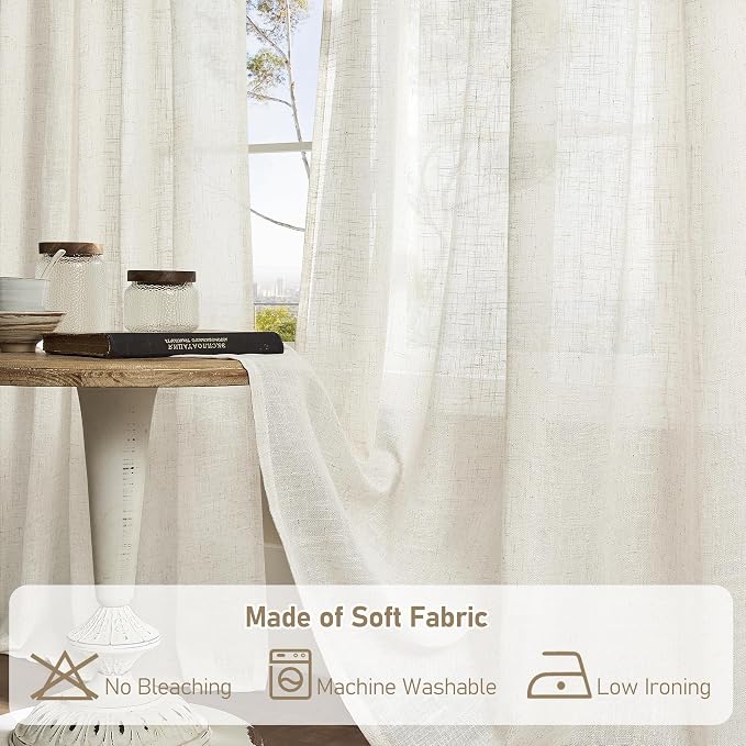 LAMIT Short Kitchen Linen Curtains 24 Inch Length for Small Windows, Cream Ivory Semi Sheer Light Filtering Panels Back Tab and Rod Pocket Cafe Drapes for Half Window, 2 Panels, 25 x 24 Inch