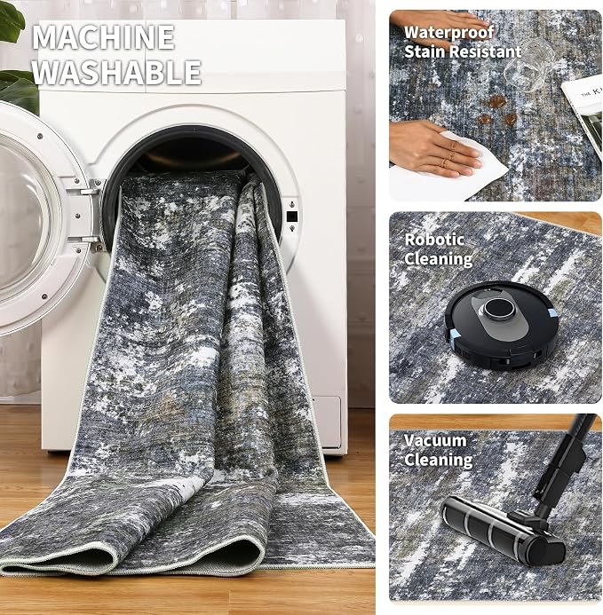 ROYHOME 10x14 Abstract Area Rugs for Bedroom Machine Washable Modern Rugs for Living Room with Non-Slip Backing, Soft Nursery Carpet, Grey Brown