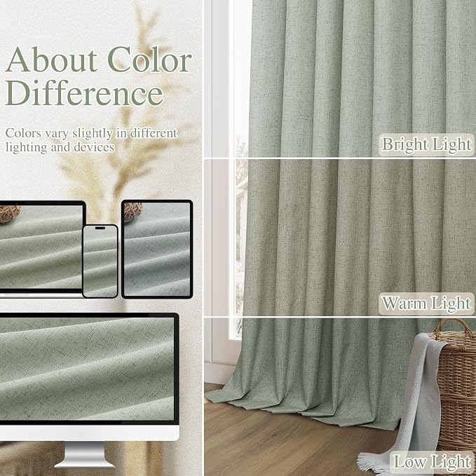 Guken Desert Sage 100% Blackout Linen Curtains 108 Inch Length 2 Panels Set for Living Room Bedroom Back Tab Thermal Insulated Black Out Drapes Room Darkening Window Curtains 108 Inches Long
