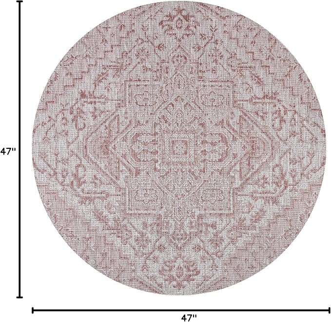 JONATHAN Y Boho Medallion Indoor Outdoor Round Area Rug 4 Ft Red/Taupe, Estrella Textured Weave for Backyard, Patio, Porch, Easy-Cleaning, High Traffic, Pet-Friendly, Non-Shedding (SMB105A-4R)