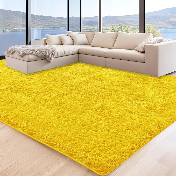 9x12 Yellow Fluffy Shag Area Rugs for Living Room Bedroom Nursery | Ultra Soft Comfy, Large Fuzzy Shaggy Plush Carpet for Boys Kids Girls Teen Dorm, Modern Indoor Home Decor, Upgrade Non-Slip