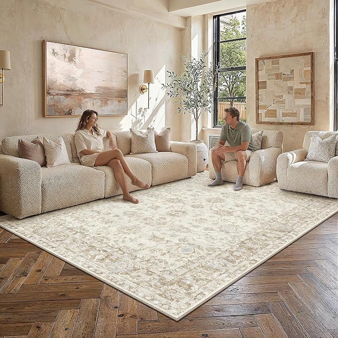 6x9 Washable Neutral Area Rug for Living Room Bedroom Beige Floral Soft Non Slip Rug Low Pile Distressed Carpet for Dining Room Nursery Office Indoor