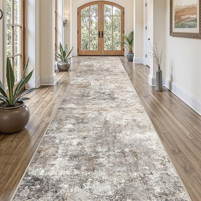 UERMEI 3x18 Washable Runner Rug for Hallway, Non Slip Low Pile Kitchen Carpet, Neutral Modern Abstract Indoor Floor Mat for Entryway Laundry, Kid & Pet Safe High Traffic Area, Brown Grey