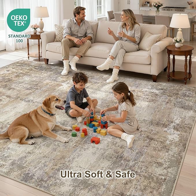 9x12 Area Rugs for Living Room, Washable Non Slip Bedroom Carpet | Neutral Modern Abstract Large Area Rug, Soft Low Pile Lightweight Made for Dining Room, Nursery, Home Office - Dark Brown