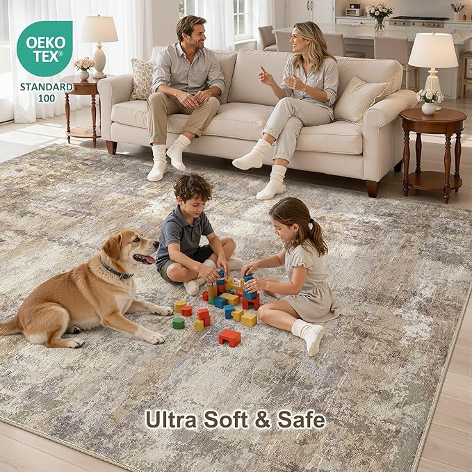 Area Rugs 5x7, Non Slip Low Pile Soft Washable Rug for Living Room | Modern Abstract Large Carpet, Stain Resistant and Kid & Pet Friendly, Made for Bedroom, Nursery, Dining Room - Dark Brown