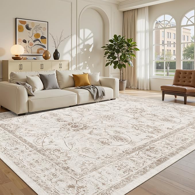 Madane Washable 7x9 Area Rugs for Living Room, Vintage Natural Rug with Non-Slip Backing, Soft Stain Resistant Throw Rugs Thin Carpet for Bedroom Dining Room Farmhouse (7 x 9, Brown/Ivory)