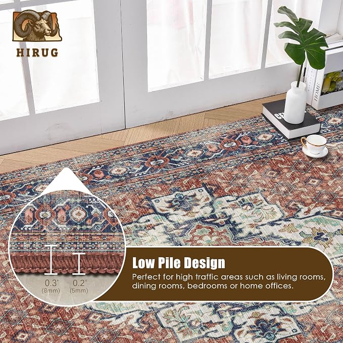 Washable Area Rug 8' x 10' Vintage Traditional Persian Mat - Foldable Distressed Non-Slip Machine Washable Carpet for Living Room Bedroom Kitchen Home Decor - Terracotta and Navy