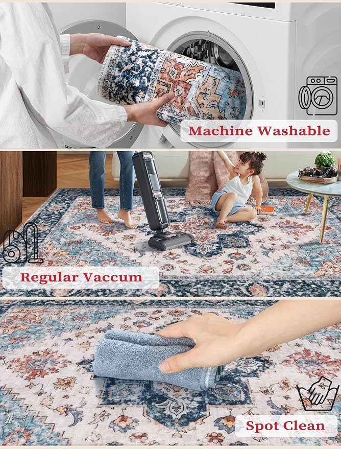 SERISSA Runner Rug for Hallways, 2'6"x14' Washable Non Slip Kitchen Runner Rug, Extra Long Boho Rug Ultra Soft Vintage Blue Orange Floor Carpet for Bedroom Hallway Entryway Bathroom Laundry Room