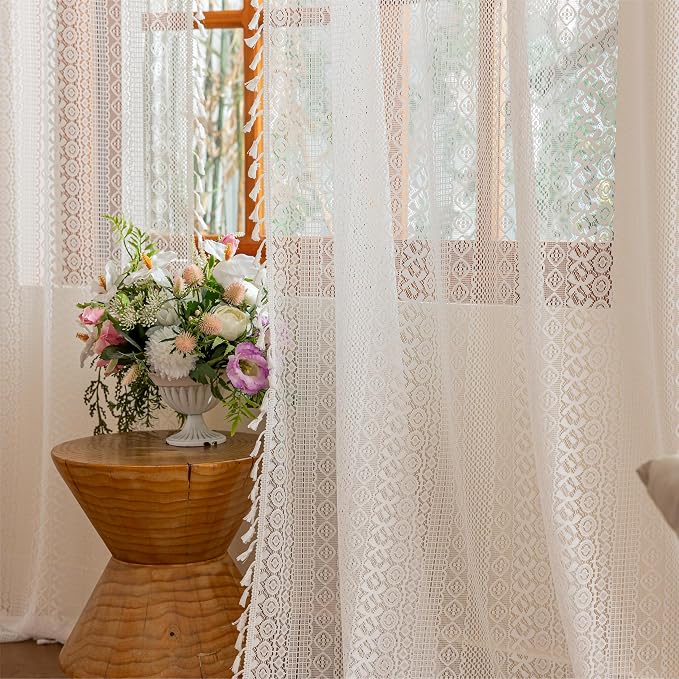 Sutuo Home White Boho Lace Curtains 2 Panels for Kitchen Living Room, Sheer Curtains Crochet Vintage Country Tassels Bohemian Ivory Privacy Window Treatments Rustic Geometry Rod Pocket, 50" x 63"