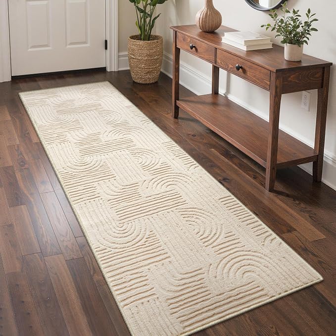 GENIMO Soft 2'6''x8' Washable Runner Rug Non Slip, 3D Modern Arch Pattern Hallway Runner, High-Low Pile Non Slip Fuzzy Carpet, Non-Shedding Stain Resistant Beige Rugs for Entryway Bedroom Laundry