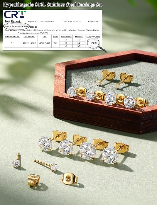 GEMQUEEN 6 Pairs 2-7mm Moissanite Earrings Studs 14K Gold Plated Stainless Steel Flat Back Earring for Women Men - Hypoallergenic Cartilage Helix Piercing Jewelry Brilliant Round Cut D Color VVS1 5.97CT