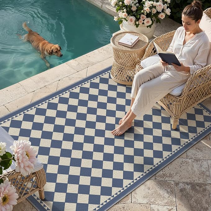 HUGEAR 5'x7' Outdoor Rug Blue Patio Checkered Waterproof Linen-Look Outside Floor Mat Carpet Area Rug for Deck Porch Balcony Backyard Camping RV Picnic Beach Home Decor