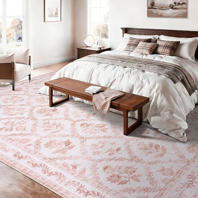 Pink Rugs for Bedroom Boho Light Blush Pink Floral Area Rugs Nursery for Baby Girl, Cute Foldable Machine Washable Distressed Carpet for Living Room Bedroom Dorm Kids Playroom 5x7