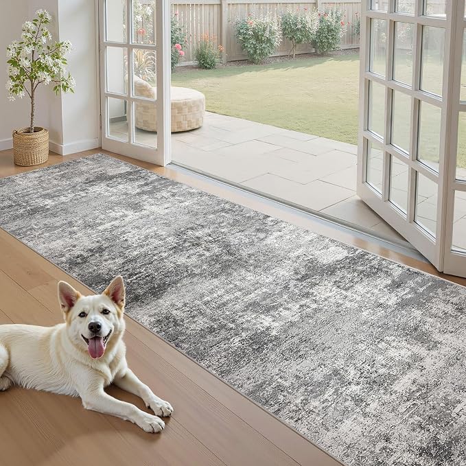 DMOYEST 3x10 Washable Runner Rug, Non Slip Low Pile Carpet Runner for Hallway and Entryway, Kid & Pet Friendly Abstract Modern Area Rug for Kitchen and Dining Room - Grey