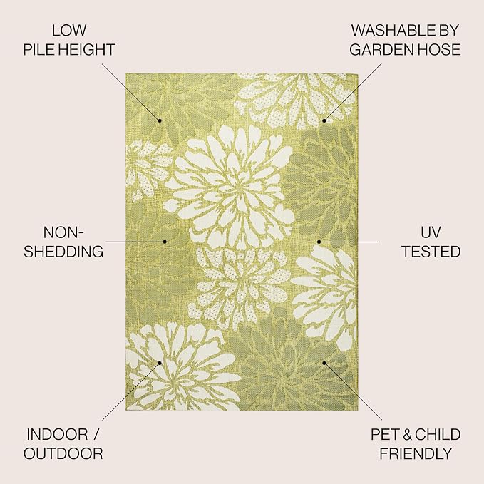 JONATHAN Y Floral Textured Weave Indoor Outdoor Area Rug 4X6 Green/Cream, Zinnia Modern for Backyard, Patio, Porch, Easy-Cleaning, High Traffic, Pet-Friendly, Non-Shedding (SMB110H-4)
