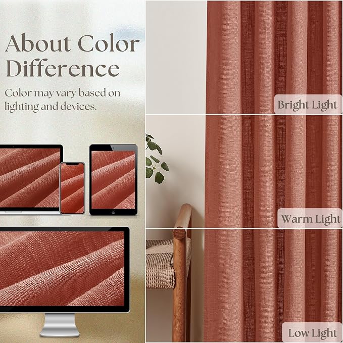 Pinch Pleated Terracotta Linen Curtains 84 Inches Long 2 Panels Firebrick | for Living Dining Room, Pinch Pleat Back Tab, Light Filtering Semi Sheer, Farmhouse Boho, Red Clay Autumn Fall Home Decor